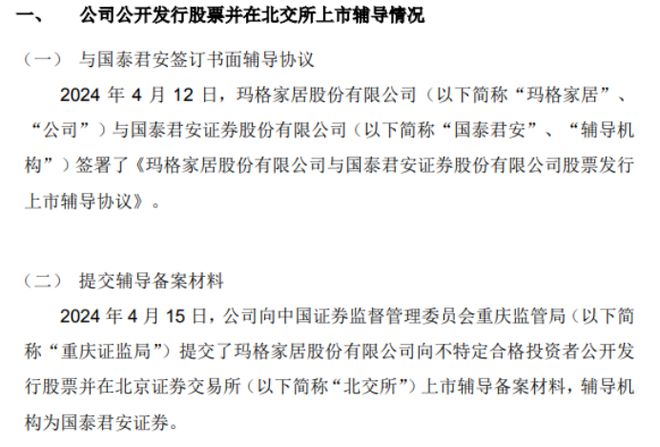 玛格家居向重庆证监局提交了向不特定合格投资者公开发行股票并在