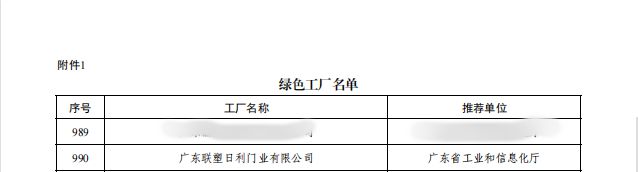 喜讯∣广东联塑日利门业有限公司入选国家级绿色工厂